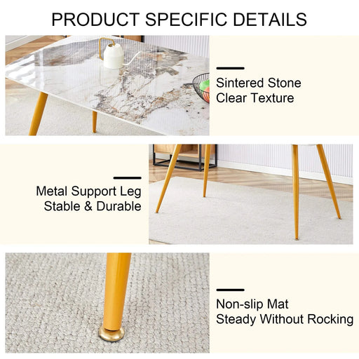Modern minimalist dining table. White imitation marble pattern SINTERED STONE desktop with golden metal legs.62.2'*34.6'*30' F-001 Default -DTYStore