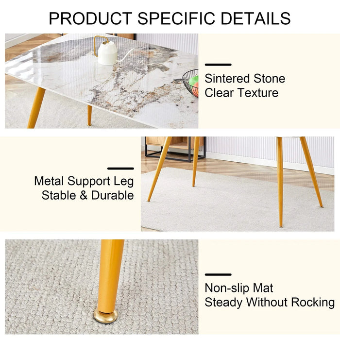 Modern minimalist dining table. White imitation marble pattern SINTERED STONE desktop with golden metal legs.62.2'*34.6'*30' F-001 Default -DTYStore