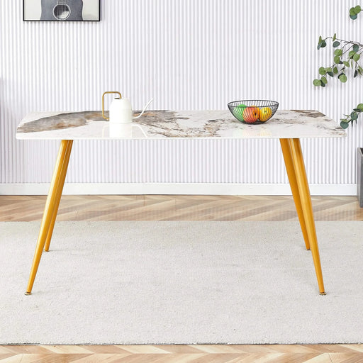 Modern minimalist dining table. White imitation marble pattern SINTERED STONE desktop with golden metal legs.62.2'*34.6'*30' F-001 Default -DTYStore