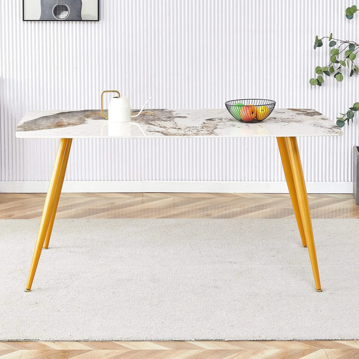 Modern minimalist dining table. White imitation marble pattern SINTERED STONE desktop with golden metal legs.62.2'*34.6'*30' F-001 Default -DTYStore