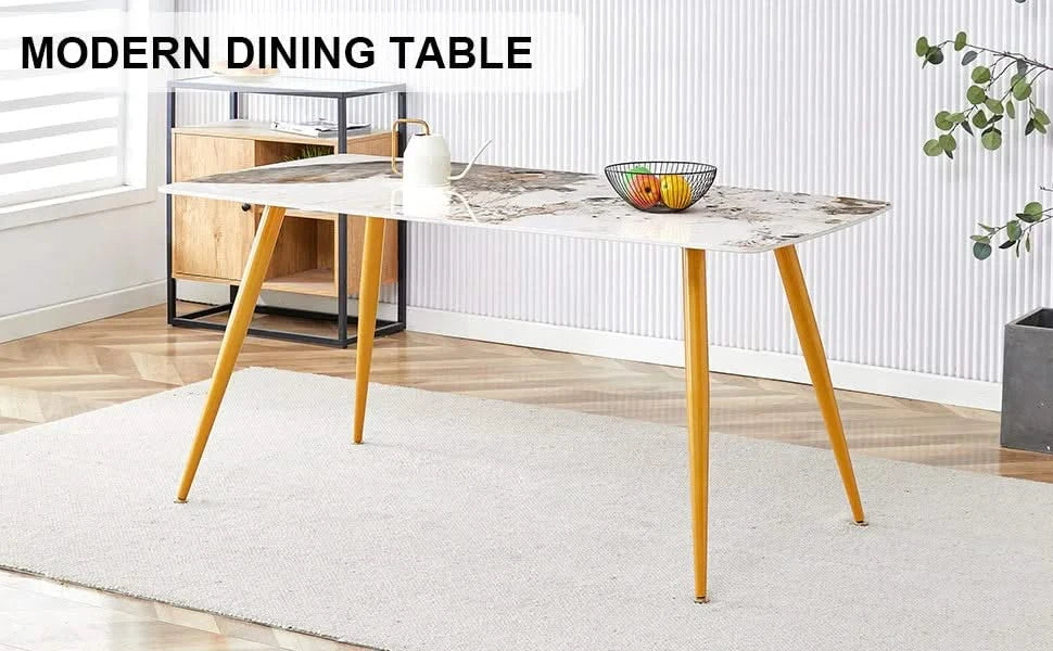 Modern minimalist dining table. White imitation marble pattern SINTERED STONE desktop with golden metal legs.62.2'*34.6'*30' F-001 Default -DTYStore