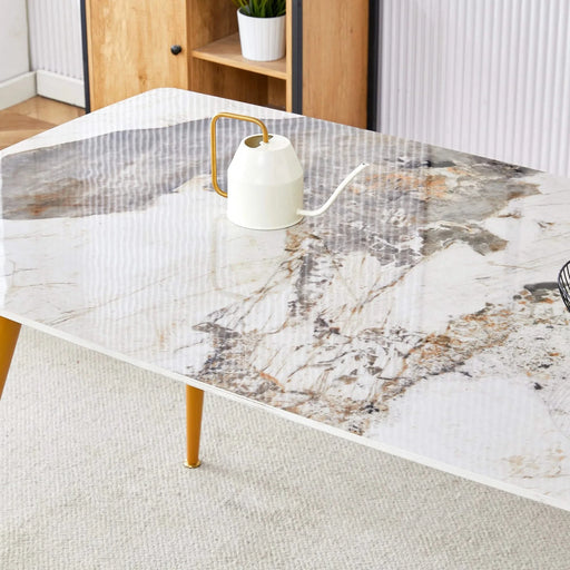 Modern minimalist dining table. White imitation marble pattern SINTERED STONE desktop with golden metal legs.62.2'*34.6'*30' F-001 Default -DTYStore