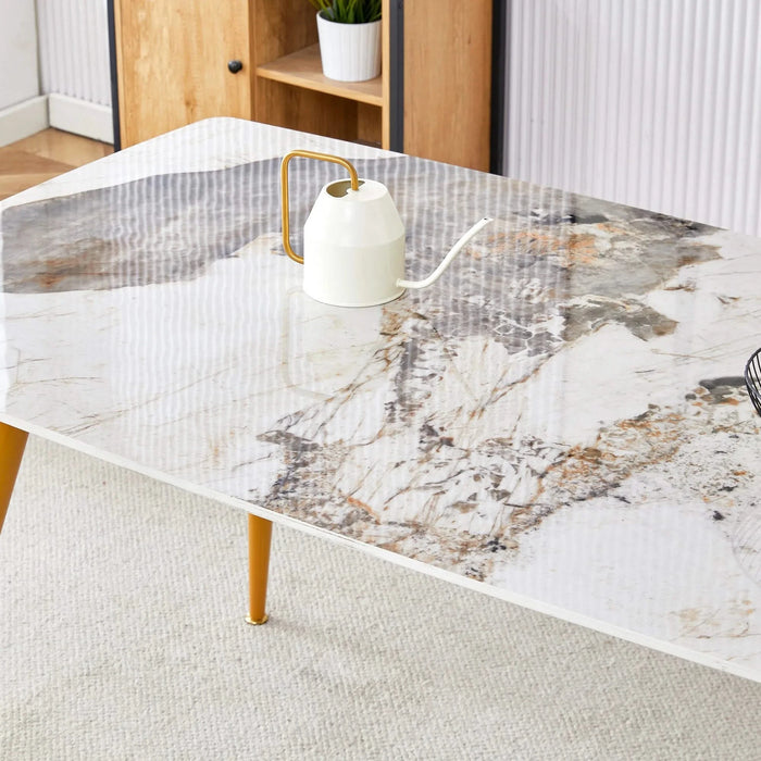 Modern minimalist dining table. White imitation marble pattern SINTERED STONE desktop with golden metal legs.62.2'*34.6'*30' F-001 Default -DTYStore