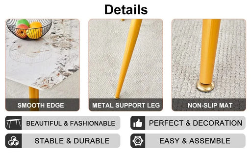 Modern minimalist dining table. White imitation marble pattern SINTERED STONE desktop with golden metal legs.62.2'*34.6'*30' F-001 Default -DTYStore