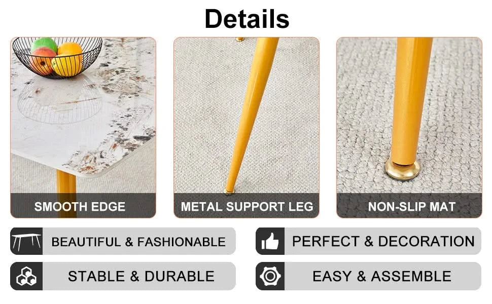 Modern minimalist dining table. White imitation marble pattern SINTERED STONE desktop with golden metal legs.62.2'*34.6'*30' F-001 Default -DTYStore