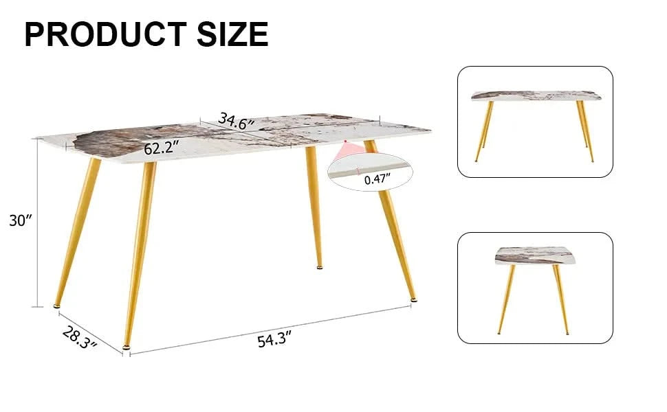 Modern minimalist dining table. White imitation marble pattern SINTERED STONE desktop with golden metal legs.62.2'*34.6'*30' F-001 Default -DTYStore