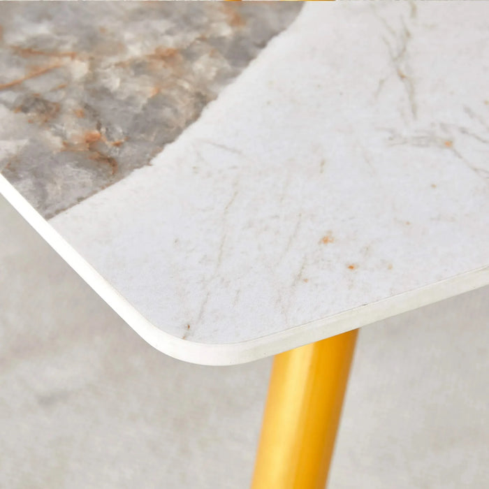 Modern minimalist dining table. White imitation marble pattern SINTERED STONE desktop with golden metal legs.62.2'*34.6'*30' F-001 Default -DTYStore