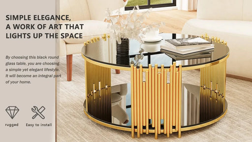 Modern minimalist light luxury style stainless steel circular coffee table, black tempered glass countertop, living room coffee table Default -DTYStore