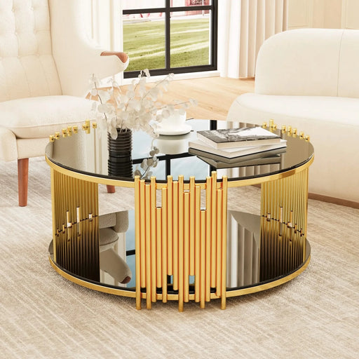Modern minimalist light luxury style stainless steel circular coffee table, black tempered glass countertop, living room coffee table Default -DTYStore