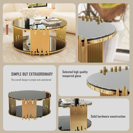 Modern minimalist light luxury style stainless steel circular coffee table, black tempered glass countertop, living room coffee table Default -DTYStore