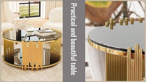 Modern minimalist light luxury style stainless steel circular coffee table, black tempered glass countertop, living room coffee table Default -DTYStore