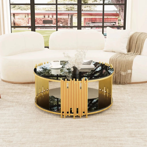 Modern minimalist light luxury style stainless steel circular coffee table, black tempered glass countertop, living room coffee table Default -DTYStore