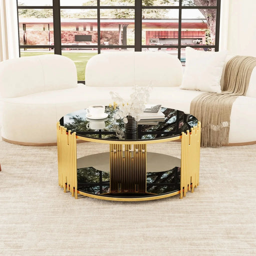 Modern minimalist light luxury style stainless steel circular coffee table, black tempered glass countertop, living room coffee table Default -DTYStore