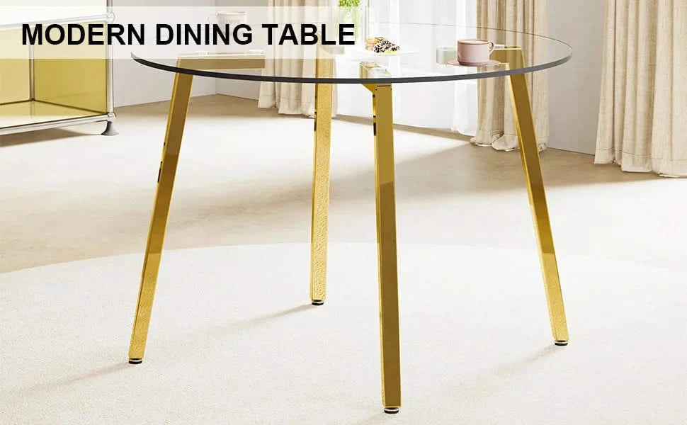 Modern minimalist style circular transparent tempered glass table, tempered glass tabletop, golden metal legs, suitable for kitchen, dining room, and living room, 42 '* 42' * 29.5 '1123r Default -DTYStore
