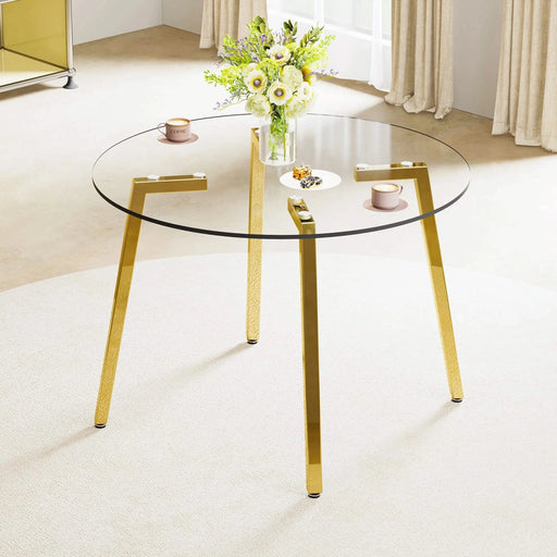Modern minimalist style circular transparent tempered glass table, tempered glass tabletop, golden metal legs, suitable for kitchen, dining room, and living room, 42 '* 42' * 29.5 '1123r Default -DTYStore