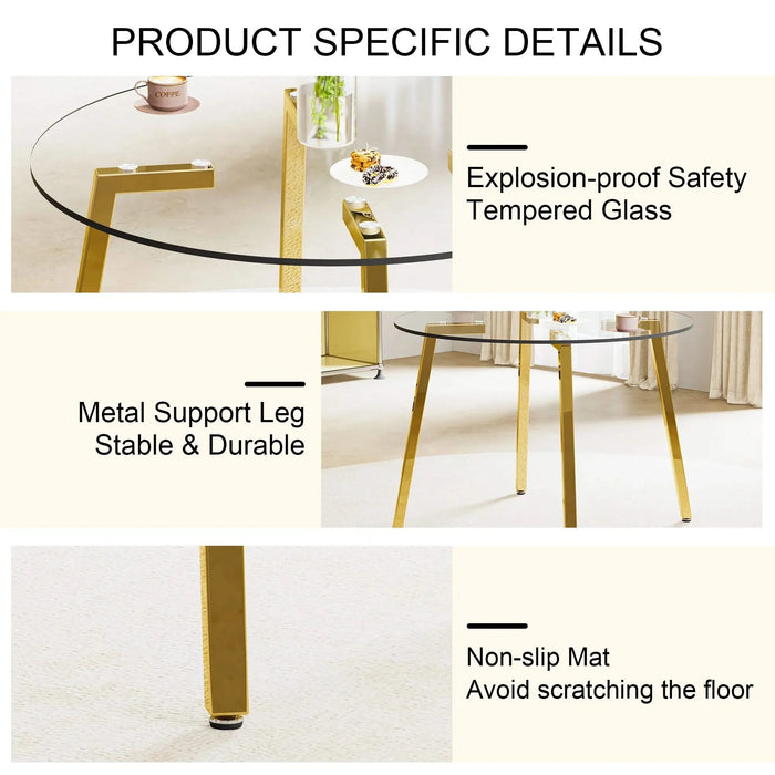 Modern minimalist style circular transparent tempered glass table, tempered glass tabletop, golden metal legs, suitable for kitchen, dining room, and living room, 42 '* 42' * 29.5 '1123r Default -DTYStore
