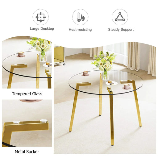 Modern minimalist style circular transparent tempered glass table, tempered glass tabletop, golden metal legs, suitable for kitchen, dining room, and living room, 42 '* 42' * 29.5 '1123r Default -DTYStore