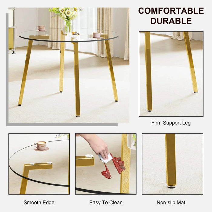 Modern minimalist style circular transparent tempered glass table, tempered glass tabletop, golden metal legs, suitable for kitchen, dining room, and living room, 42 '* 42' * 29.5 '1123r Default -DTYStore