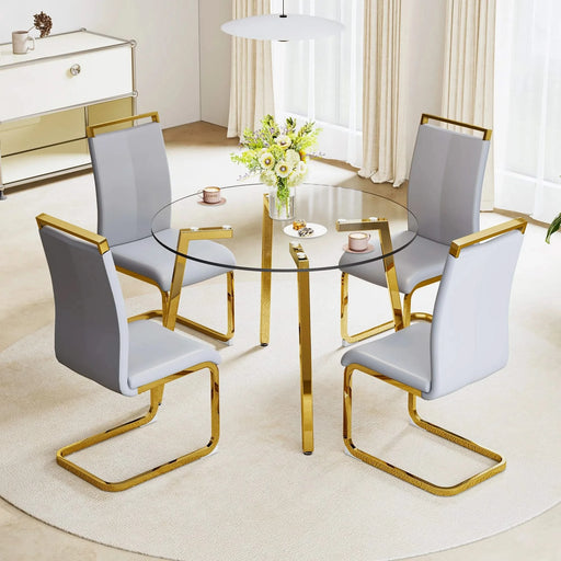 Modern minimalist style circular transparent tempered glass table, tempered glass tabletop, golden metal legs, suitable for kitchen, dining room, and living room, 42 '* 42' * 29.5 '1123r Default -DTYStore