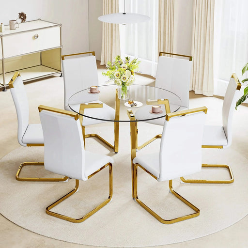 Modern minimalist style circular transparent tempered glass table, tempered glass tabletop, golden metal legs, suitable for kitchen, dining room, and living room, 42 '* 42' * 29.5 '1123r Default -DTYStore