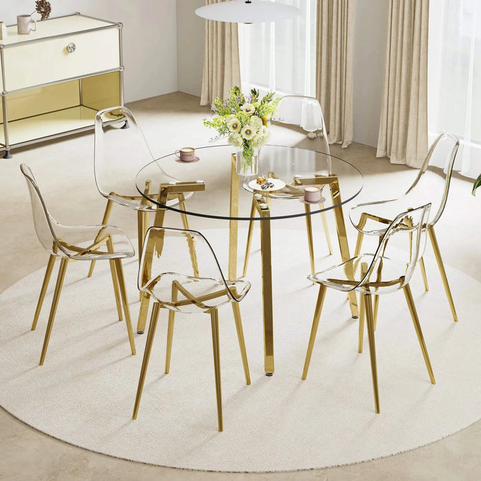 Modern minimalist style circular transparent tempered glass table, tempered glass tabletop, golden metal legs, suitable for kitchen, dining room, and living room, 42 '* 42' * 29.5 '1123r Default -DTYStore
