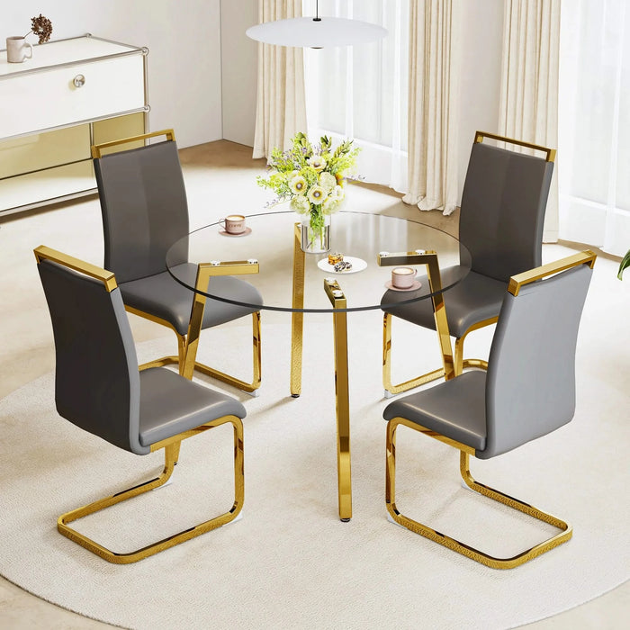 Modern minimalist style circular transparent tempered glass table, tempered glass tabletop, golden metal legs, suitable for kitchen, dining room, and living room, 42 '* 42' * 29.5 '1123r Default -DTYStore