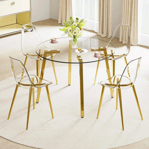 Modern minimalist style circular transparent tempered glass table, tempered glass tabletop, golden metal legs, suitable for kitchen, dining room, and living room, 42 '* 42' * 29.5 '1123r Default -DTYStore