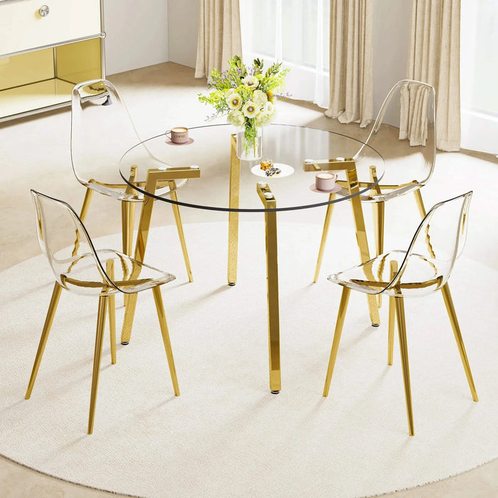 Modern minimalist style circular transparent tempered glass table, tempered glass tabletop, golden metal legs, suitable for kitchen, dining room, and living room, 42 '* 42' * 29.5 '1123r Default -DTYStore