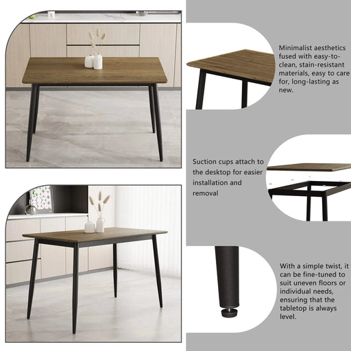Modern minimalist wood grain tabletop dining table, stylish dining table, kitchen dining table, sturdy and durable, easy to assemble, black metal leg design, suitable for 4-6 people, suitable for home Default -DTYStore
