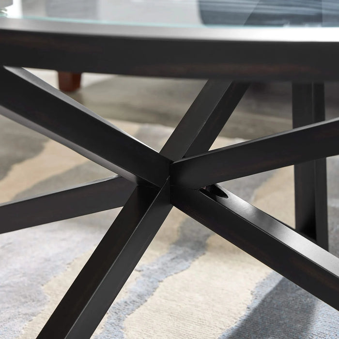 Modern simple glass coffee table, tempered glass coffee table solid wood base round transparent glass top modern living room terrace study coffee table Default -DTYStore