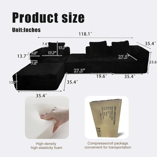 Modular Sectional Sofa Black Couches 4 Seat Modular Foam Sectional Couches for Living Room with 2 Ottoman, Cloud Couch with Oversized Chaise Default -DTYStore