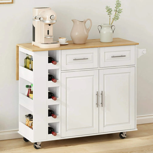 Multi-Functional Kitchen Island Cart with 2 Door Cabinet and Two Drawers,Spice Rack, Towel Holder, Wine Rack, and Foldable Rubberwood Table Top (White) Default -DTYStore