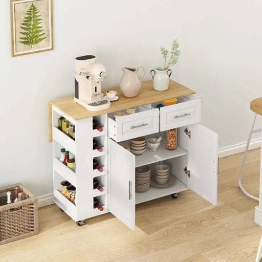 Multi-Functional Kitchen Island Cart with 2 Door Cabinet and Two Drawers,Spice Rack, Towel Holder, Wine Rack, and Foldable Rubberwood Table Top (White) Default -DTYStore