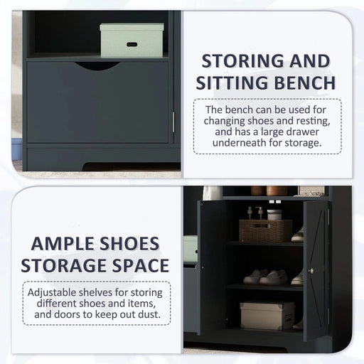 Multi-functional Hall Tree with Storage Shelves Drawers and Cabinet, Elegant Hallway Shoe Cabinet with Bench, Modern Coat Rack with Hooks for Hallway Entryways, Antique Blue Default -DTYStore