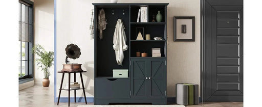 Multi-functional Hall Tree with Storage Shelves Drawers and Cabinet, Elegant Hallway Shoe Cabinet with Bench, Modern Coat Rack with Hooks for Hallway Entryways, Antique Blue Default -DTYStore