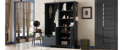 Multi-functional Hall Tree with Storage Shelves Drawers and Cabinet, Elegant Hallway Shoe Cabinet with Bench, Modern Coat Rack with Hooks for Hallway Entryways, Antique Blue Default -DTYStore