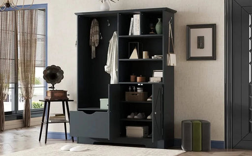 Multi-functional Hall Tree with Storage Shelves Drawers and Cabinet, Elegant Hallway Shoe Cabinet with Bench, Modern Coat Rack with Hooks for Hallway Entryways, Antique Blue Default -DTYStore