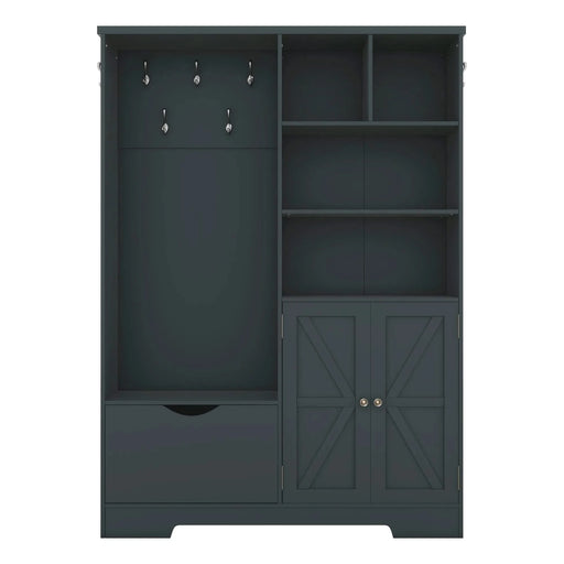 Multi-functional Hall Tree with Storage Shelves Drawers and Cabinet, Elegant Hallway Shoe Cabinet with Bench, Modern Coat Rack with Hooks for Hallway Entryways, Antique Blue Default -DTYStore