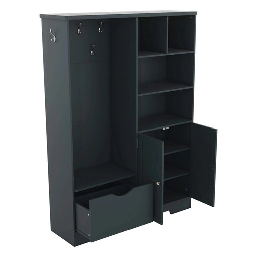 Multi-functional Hall Tree with Storage Shelves Drawers and Cabinet, Elegant Hallway Shoe Cabinet with Bench, Modern Coat Rack with Hooks for Hallway Entryways, Antique Blue Default -DTYStore