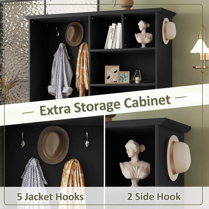 Multi-functional Hall Tree with Storage Shelves Drawers and Cabinet, Elegant Hallway Shoe Cabinet with Bench, Modern Coat Rack with Hooks for Hallway Entryways, Black Default -DTYStore