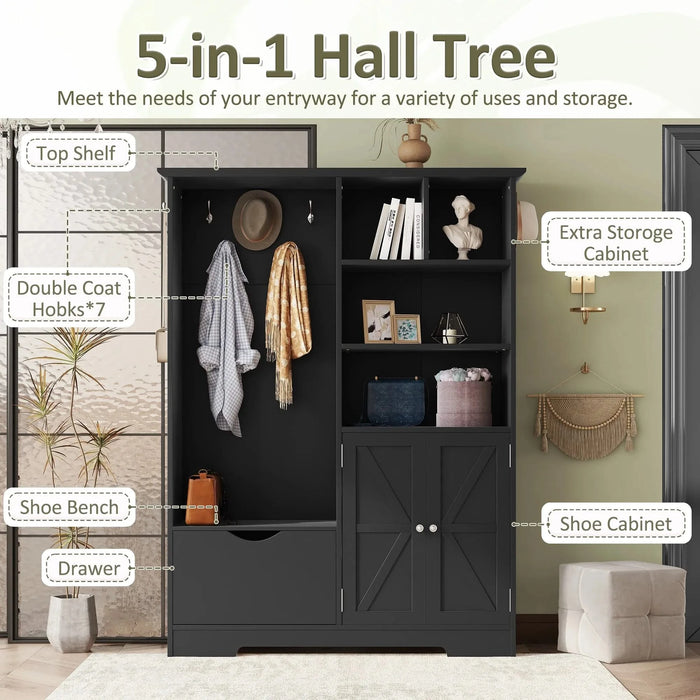 Multi-functional Hall Tree with Storage Shelves Drawers and Cabinet, Elegant Hallway Shoe Cabinet with Bench, Modern Coat Rack with Hooks for Hallway Entryways, Black Default -DTYStore