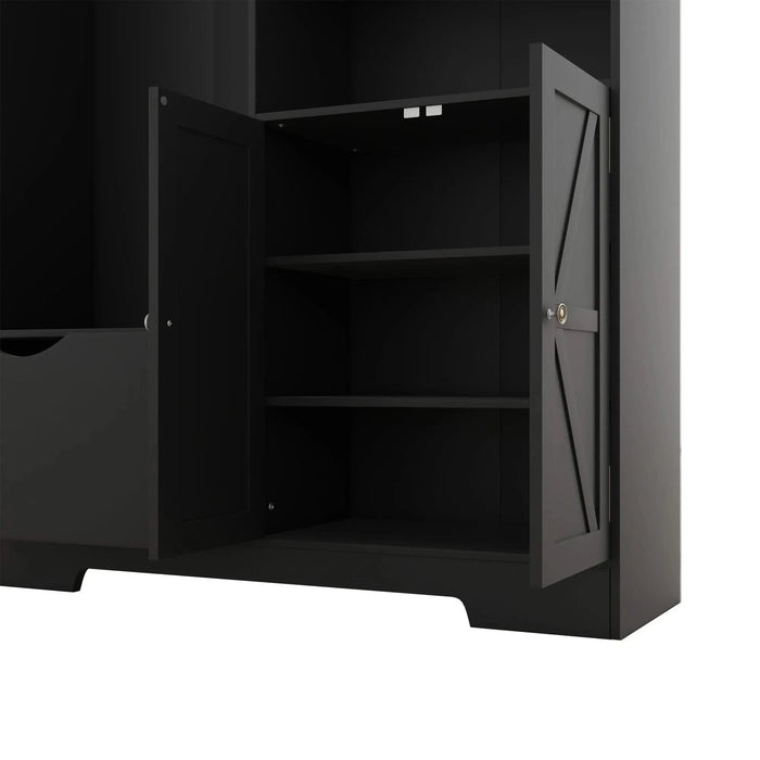 Multi-functional Hall Tree with Storage Shelves Drawers and Cabinet, Elegant Hallway Shoe Cabinet with Bench, Modern Coat Rack with Hooks for Hallway Entryways, Black Default -DTYStore