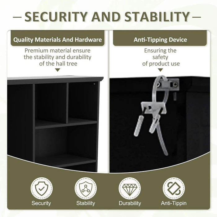 Multi-functional Hall Tree with Storage Shelves Drawers and Cabinet, Elegant Hallway Shoe Cabinet with Bench, Modern Coat Rack with Hooks for Hallway Entryways, Black Default -DTYStore