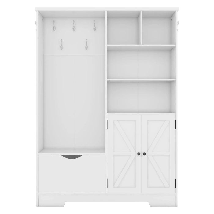 Multi-functional Hall Tree with Storage Shelves Drawers and Cabinet, Elegant Hallway Shoe Cabinet with Bench, Modern Coat Rack with Hooks for Hallway Entryways, White Default -DTYStore
