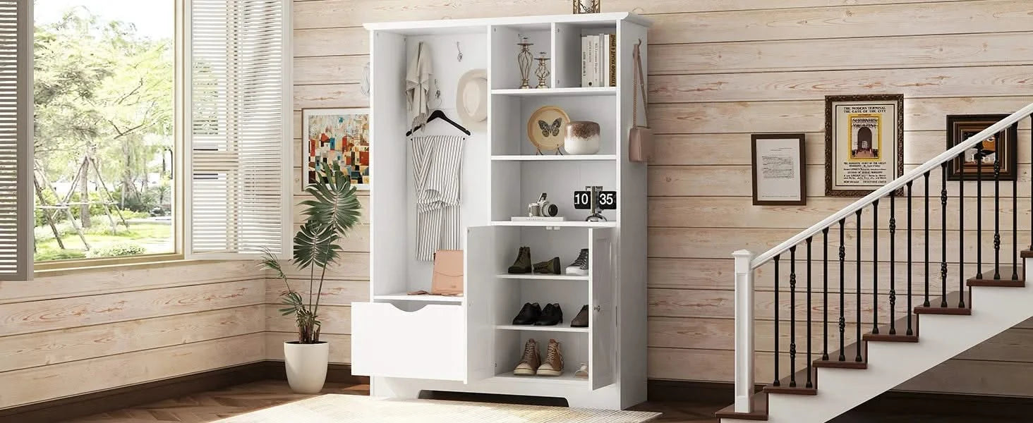 Multi-functional Hall Tree with Storage Shelves Drawers and Cabinet, Elegant Hallway Shoe Cabinet with Bench, Modern Coat Rack with Hooks for Hallway Entryways, White Default -DTYStore