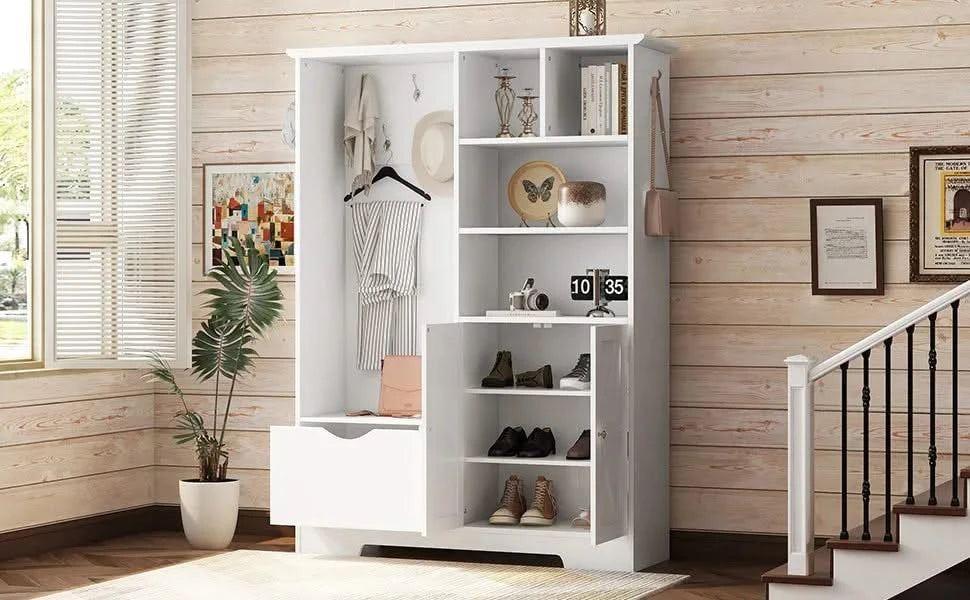Multi-functional Hall Tree with Storage Shelves Drawers and Cabinet, Elegant Hallway Shoe Cabinet with Bench, Modern Coat Rack with Hooks for Hallway Entryways, White Default -DTYStore