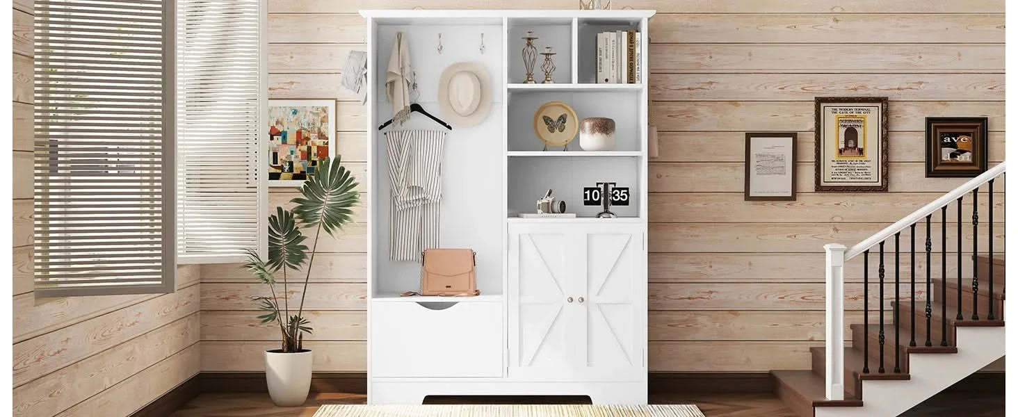 Multi-functional Hall Tree with Storage Shelves Drawers and Cabinet, Elegant Hallway Shoe Cabinet with Bench, Modern Coat Rack with Hooks for Hallway Entryways, White Default -DTYStore