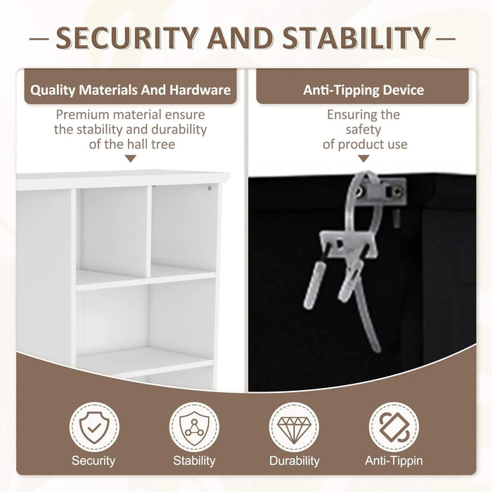 Multi-functional Hall Tree with Storage Shelves Drawers and Cabinet, Elegant Hallway Shoe Cabinet with Bench, Modern Coat Rack with Hooks for Hallway Entryways, White Default -DTYStore