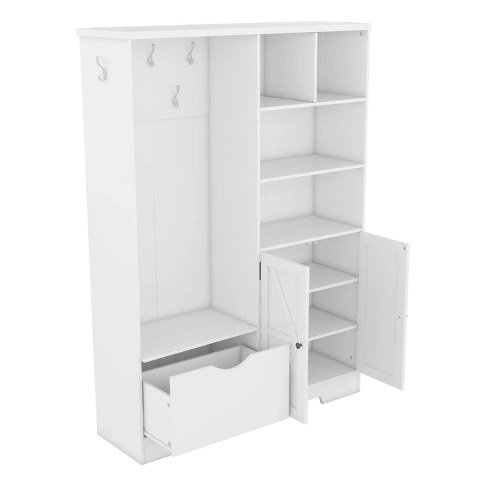 Multi-functional Hall Tree with Storage Shelves Drawers and Cabinet, Elegant Hallway Shoe Cabinet with Bench, Modern Coat Rack with Hooks for Hallway Entryways, White Default -DTYStore