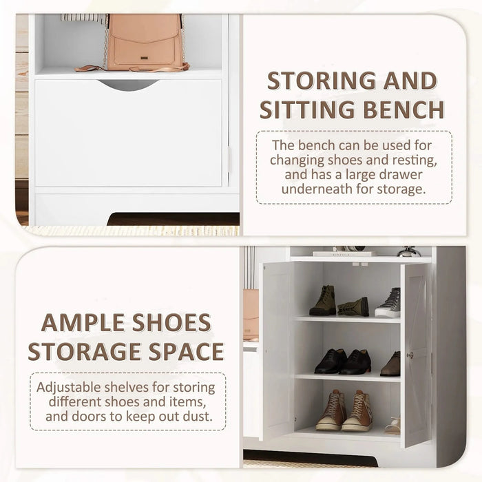Multi-functional Hall Tree with Storage Shelves Drawers and Cabinet, Elegant Hallway Shoe Cabinet with Bench, Modern Coat Rack with Hooks for Hallway Entryways, White Default -DTYStore